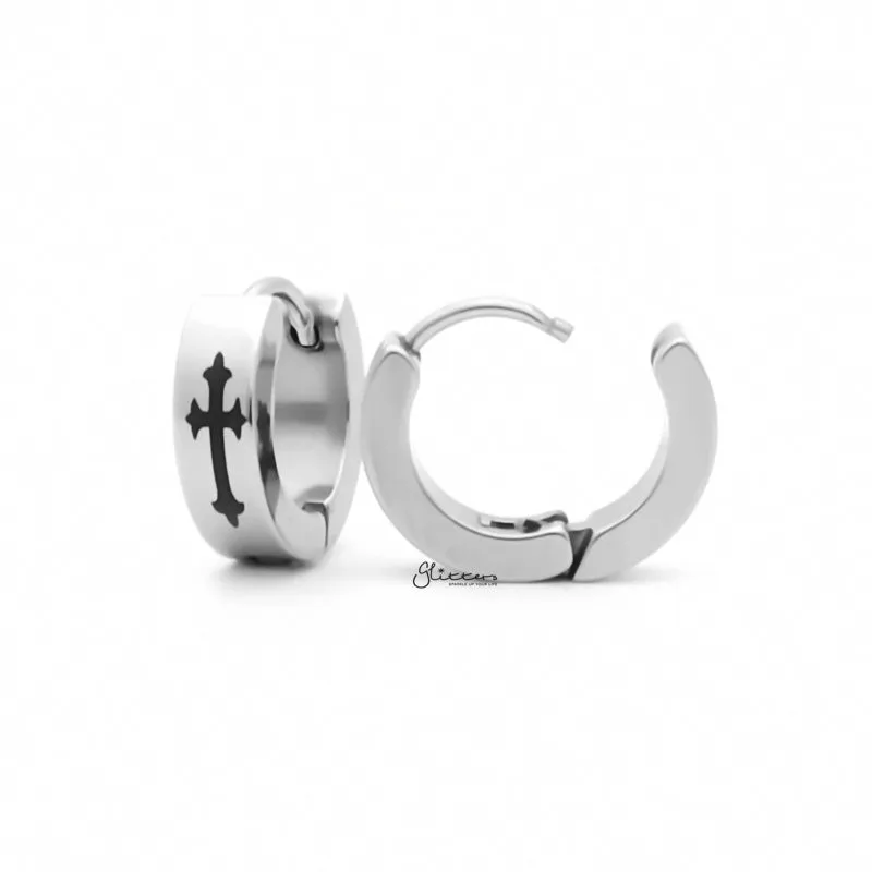 Stainless Steel Cross Hinged Hoop Earrings - Silver