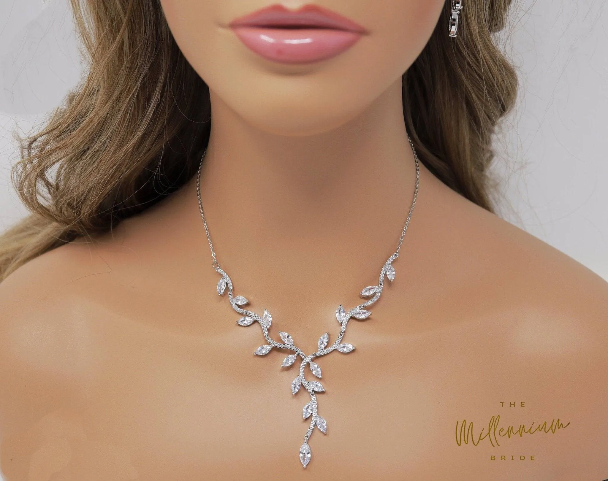 Swarovski Crystal Vine Leaves Necklace, Long Bridal Jewelry, Bridal Earrings And Necklace, Statement Earrings Cz Necklace Set.