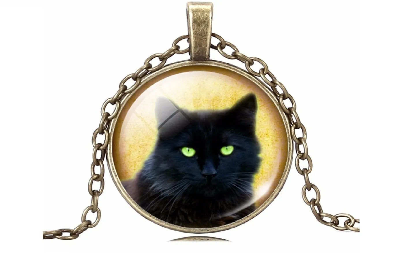 Women's Glass Cabochon Silver Bronze Chain Black Cat Necklace